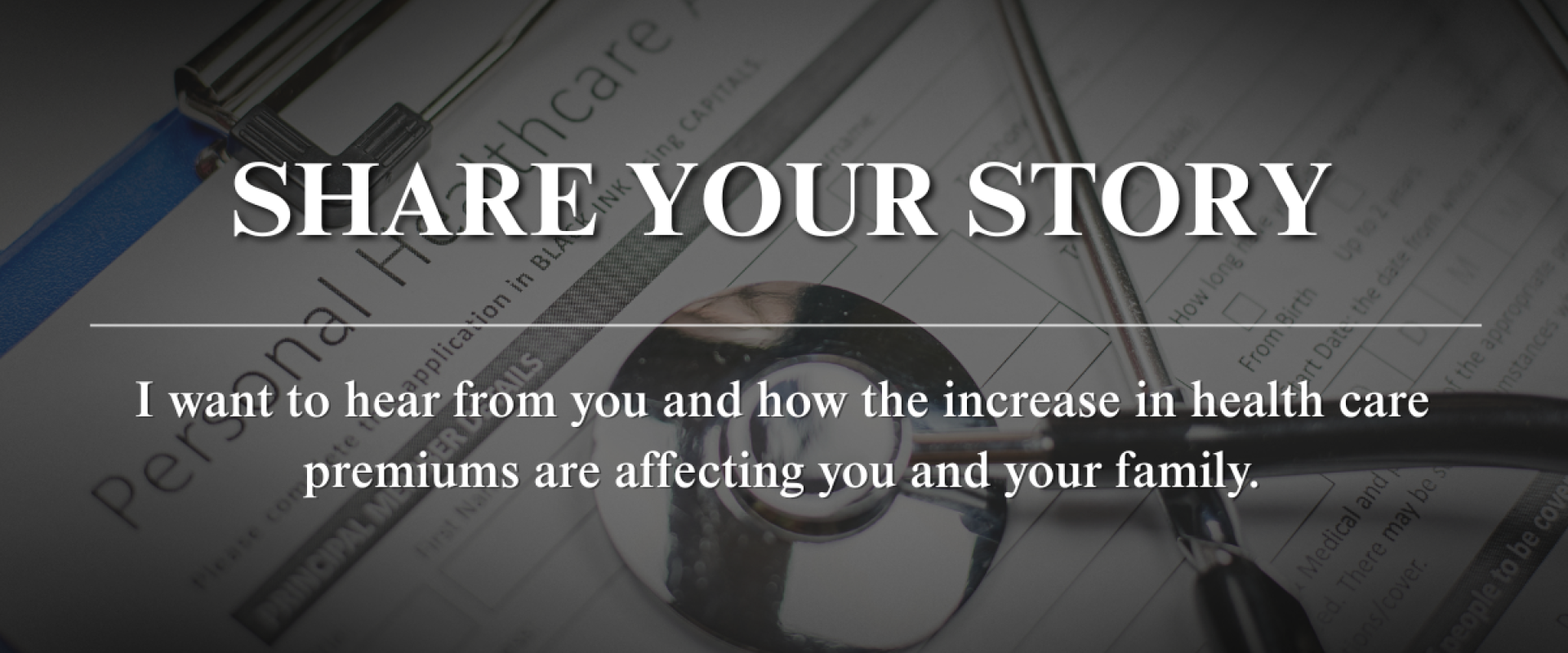 Faded picture of a heart care application form with a stethoscope, with the text reading "share your story"